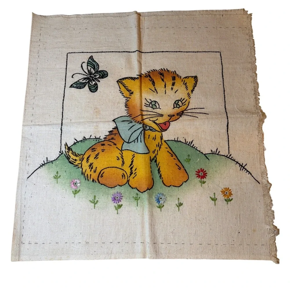Vintage Embroidered Kitten Linen Unfinished Pillow Needs Batting and Closure‎
